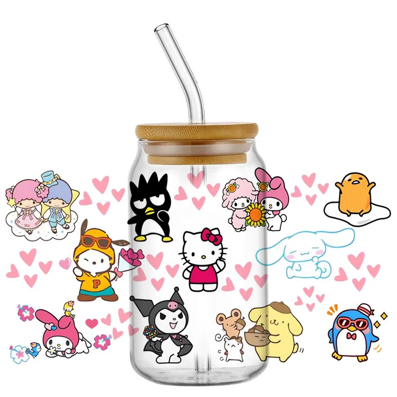 Miniso Hello Kitty Kuromi with Friend Design Washable UV DTF Cup Wrap for 16oz Libbey DIY Mug Waterproof Transfer Sticker