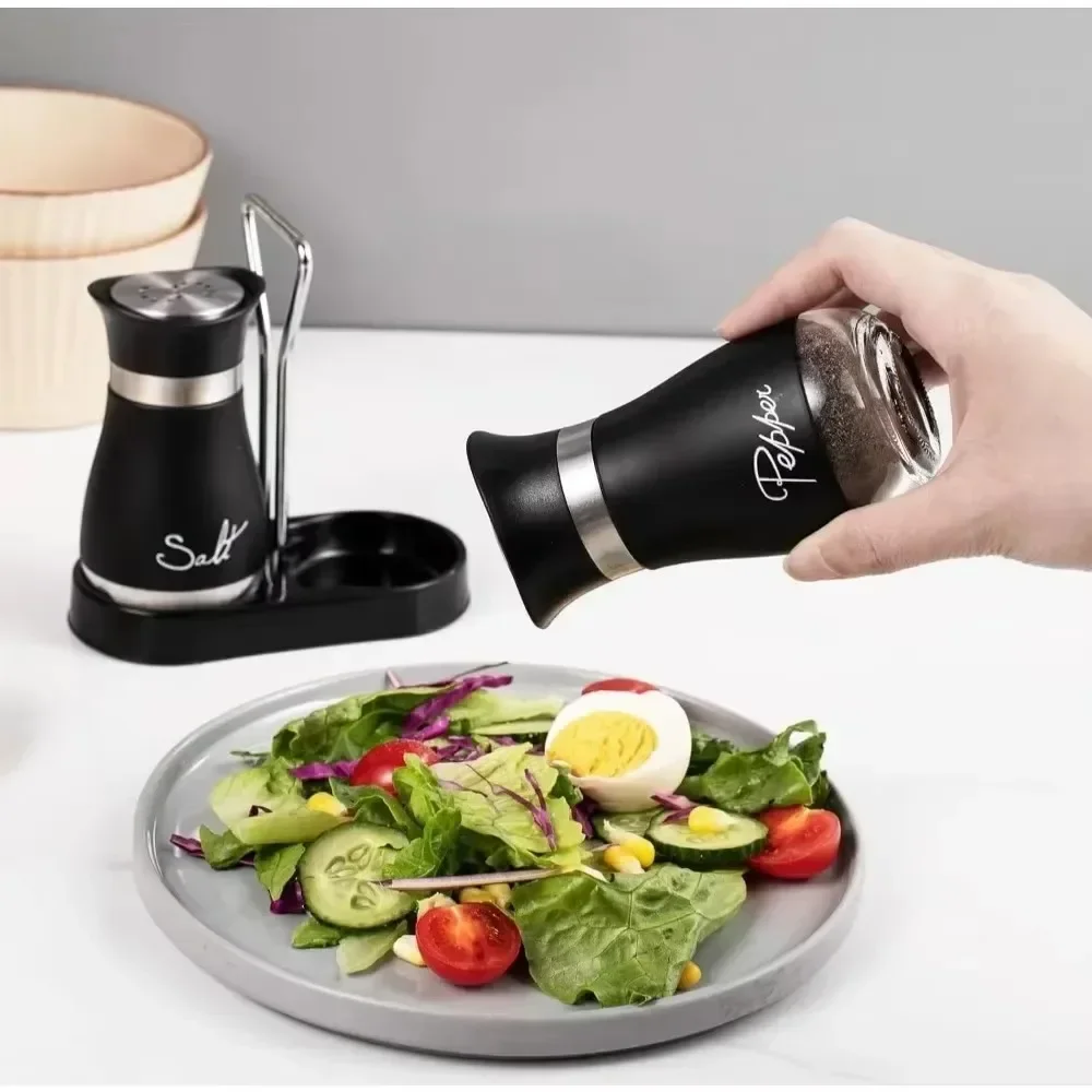 2 قطعة زجاجة توابل زجاجية قابلة للتعديل وقابلة لإعادة الملء هزازات الملح والفلفل مع رف موزع التوابل صب ثقوب أداة المطبخ