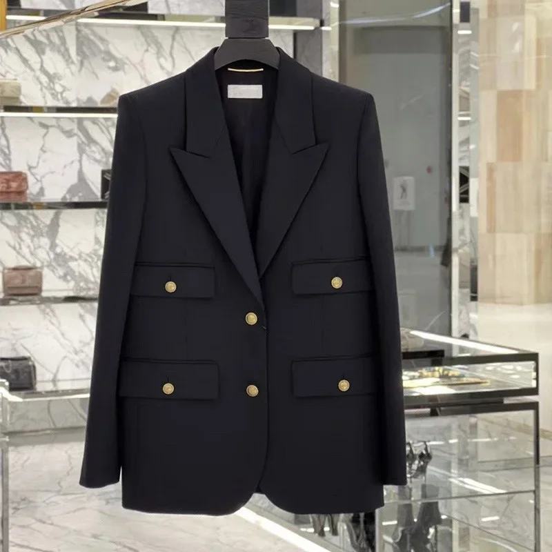 Blazer noir imbibé pour femme, veste de bureau formelle pour femme, vêtements de travail d'affaires, bouton doré, manteau élégant pour fille, tenue pour femme, robe de Rh, 1 pièce