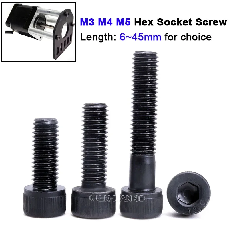 20pcs M3 M4 M5 Black Carbon Steel Hexagon Hex Socket Cap Allen Head Screw Bolt Length 6-45mm