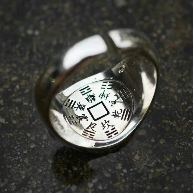 Ethnic Style Mountain Ghost Coin Ring Men Jewelry Retro Taoist Scriptures Eight Diagrams Ring Male Finger Accessories Open Size