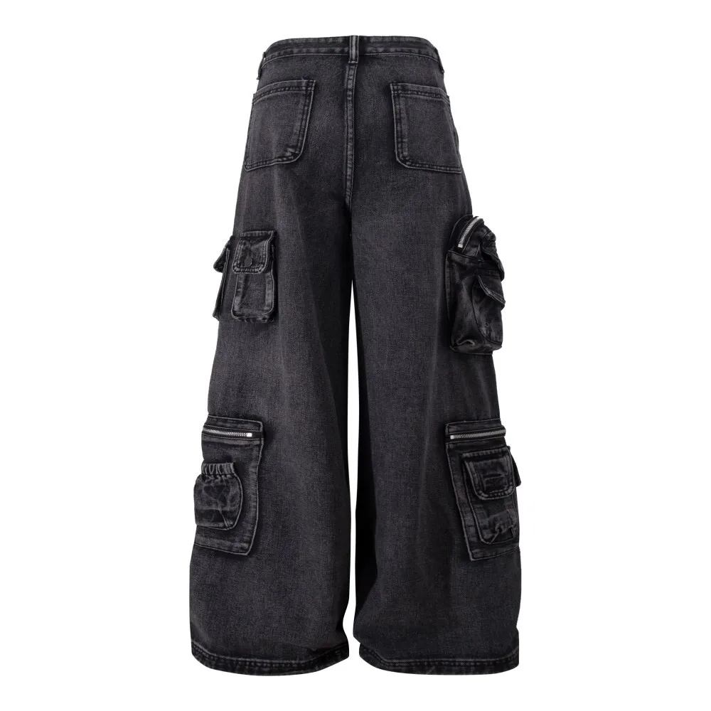 High Street Jean Pants Women's New Functional Style Multi Pocket Workwear Loose and Wide Legs Casual Loose Denim Pants