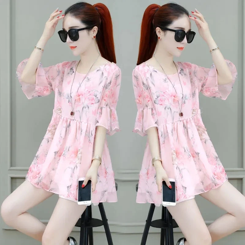 

Sweet Printed Chiffon Shirt Ladies Spring/Summer 2023 New Korean Version Loose Belly-Covering Western-Style Blouse In The Tide