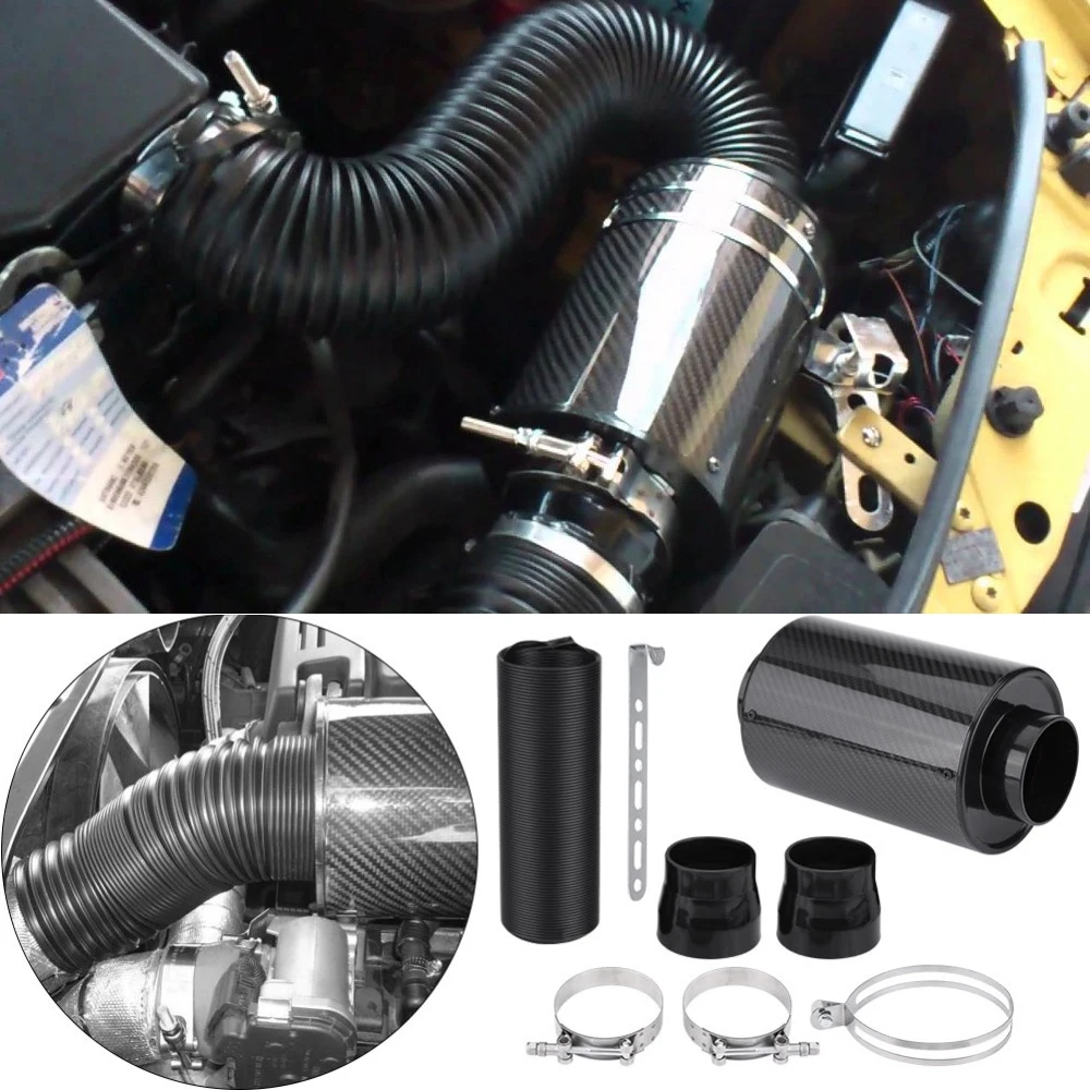 

1 Set Universal 3 inch Car Carbon Fibre Cold Air Filter Feed Enclosed Intake Induction Pipe Hose Kit