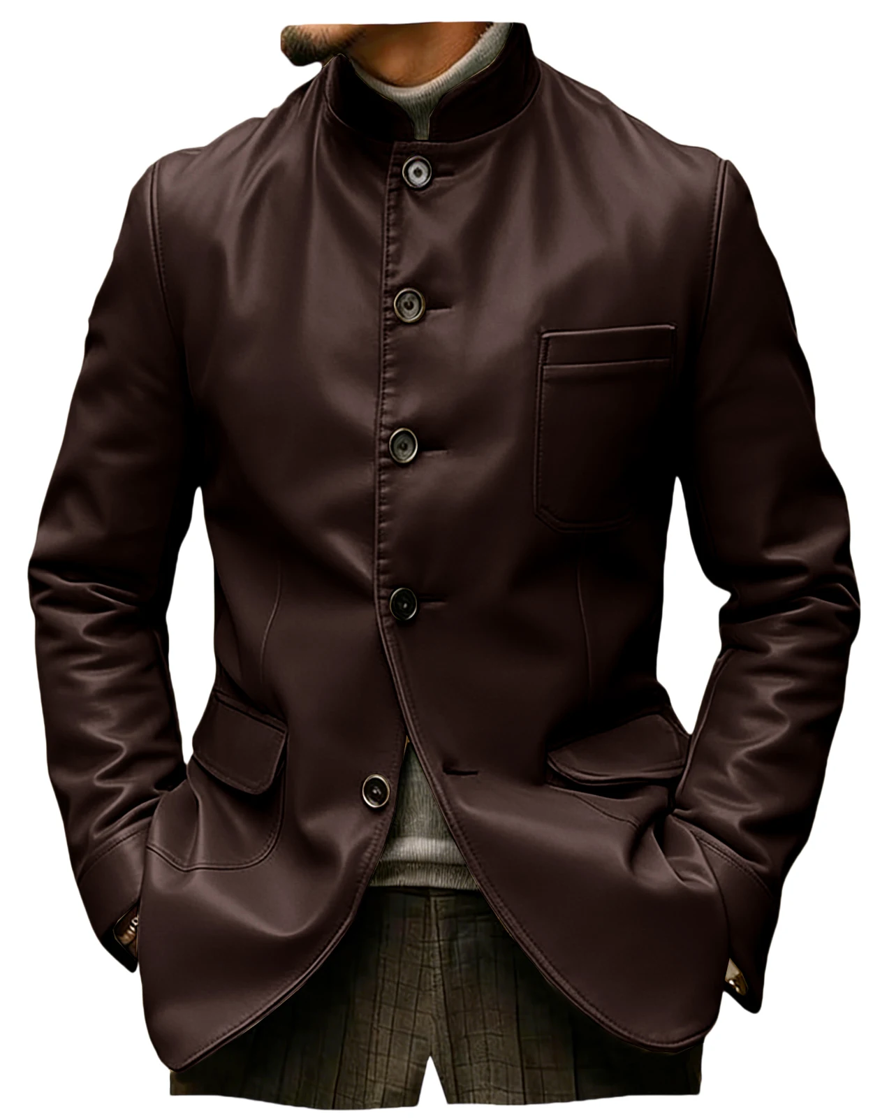 Men's Stand Collar Leather Jacket Single Breasted Casual Blazer Coat Multi Pockets Faux Leather Sport Coat For Business Outdoor
