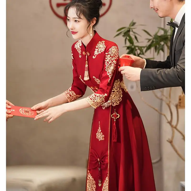 

Ele Red Chinese Sle Long Sve Wedding Dr 2023 New Summer Bridal Sve Length Covering Arms Women's Suit