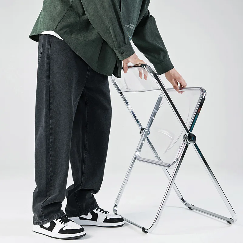 Korean Solid Colors Men's Casual Long Jeans Classic Man Four Seasons Straight Denim Wide-leg Pants Light Blue Grey Black 3XL