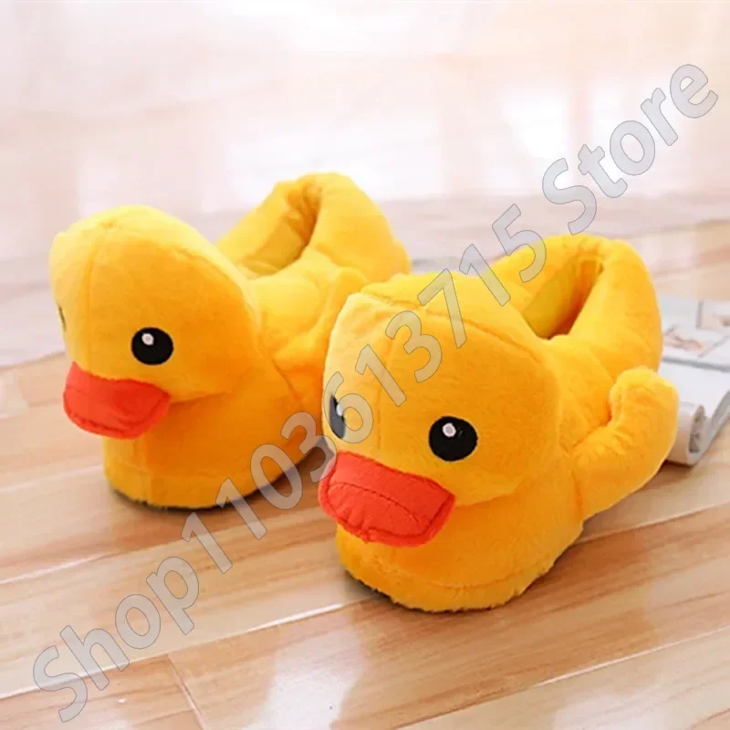 Autumn Winter Cartoon Yellow Duck Fuzzy Slippers Cute Plush Doll Home Bedroom Slides Warm Ankle Wrap Cotton Shoes Indoor Female