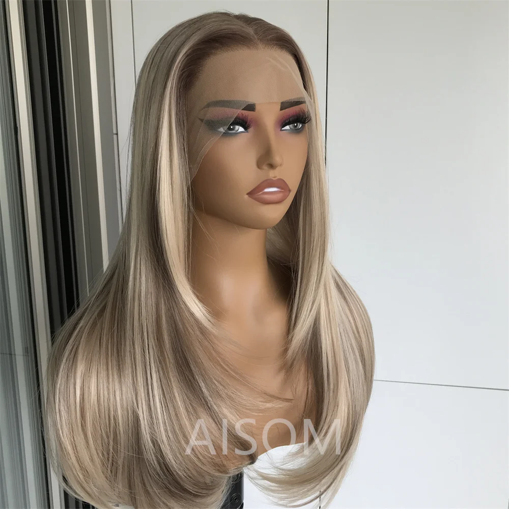 13x4 Lace Front Wig Highlight Brown Layered Straight Synthetic Lace Wigs for Women Blonde mix Brown Colored Wig Pre Plucked