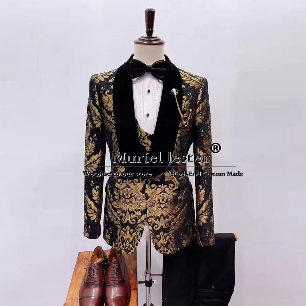 

Classic Jacquard Men's Suits Wedding Shawl Lapel Jacket Vest Pants 3-Piece Bridegroom Tuxedo Man Business Banquet Prom Blazer