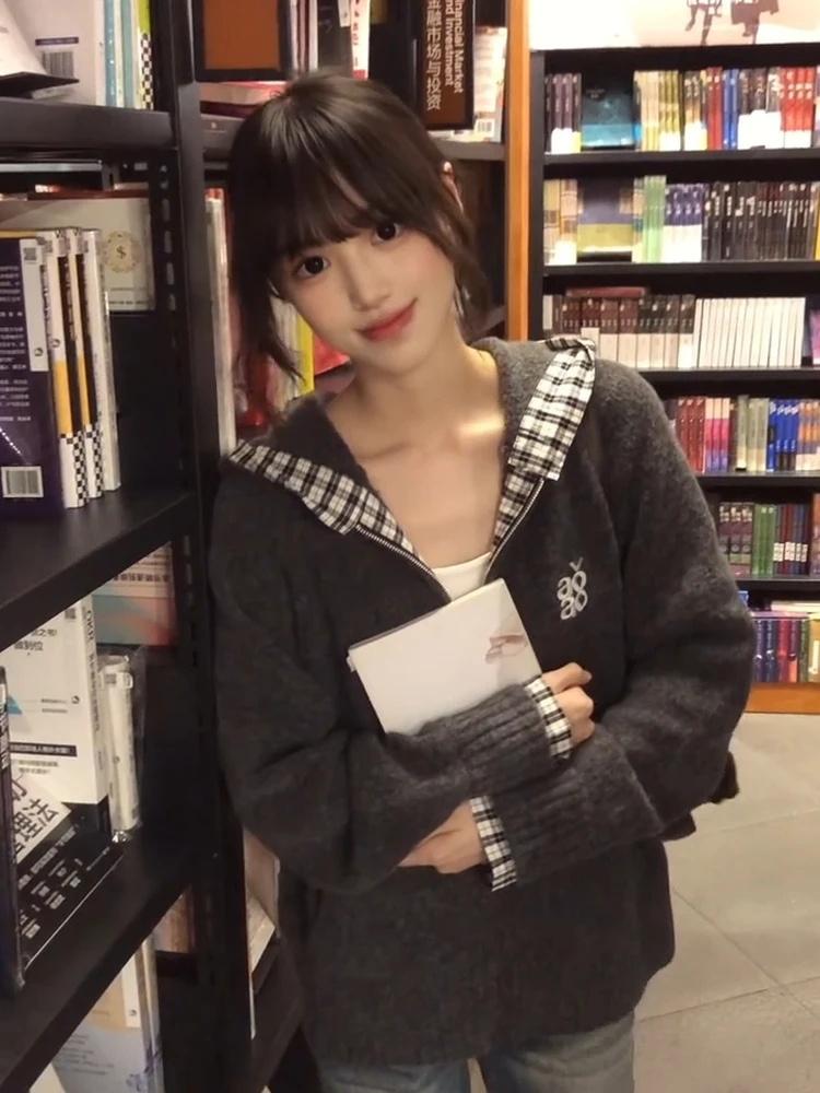 American Retro Plaid Splicing Hoodie Knitted Sweater Coat Women's Autumn Winter Loose Lazy Style Open Cardigan Knitwear