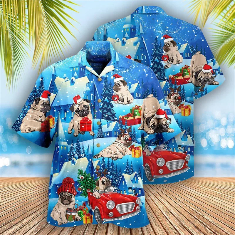 

Pug Dog Graphic Merry Chrismas Hawaiian Shirts For Men Casual Short Sleeve Oversized Button Down Shirts Clothes Mens Tee Shirt
