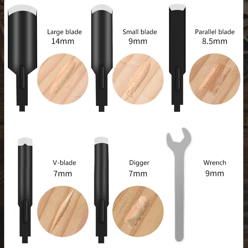 60W 220V Electric Carving Knife Chisel Set with 5PCS Blades Wood Carving Pen Power Graving Chisel Root Carve Tools 11000/min