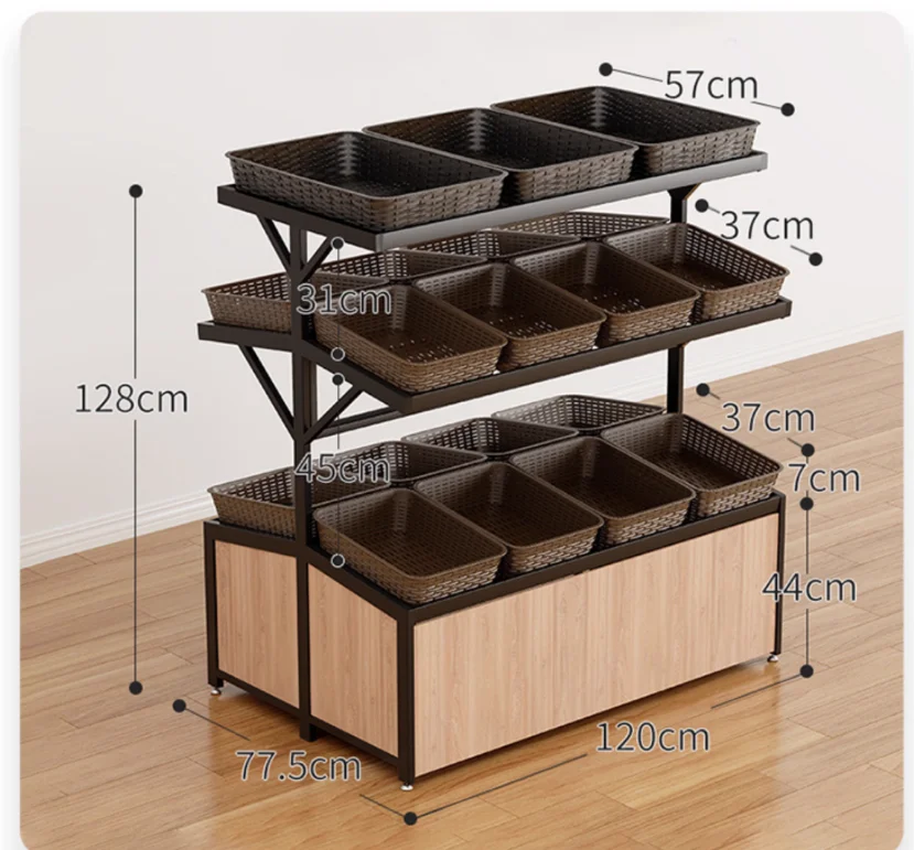 Fresh supermarket fruit and vegetable shelves fruit store fruit and vegetable shelves double-sided display rack vine basket fram