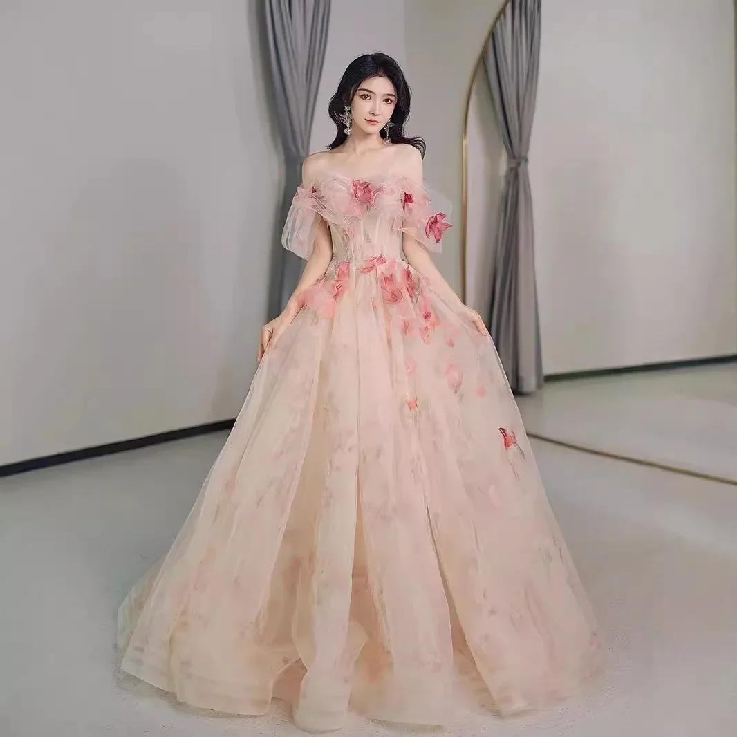 

Summer New 3D Flower Decorative One Shoulder Dress French Elegant Banquet Evening Dress Maxi Dresses For Women Wedding Dress