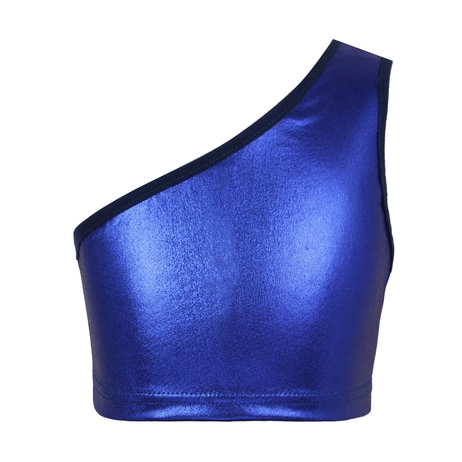 Kids Girls Modern Dancing Top Performance Single Shoulder Slant Shoulder Sleeveless Shiny Metallic Crop Vest Tops Solid Color