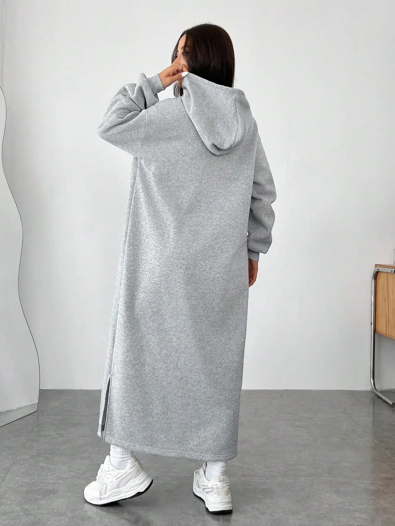 Vestido de moletom longo cinza com capuz para mulheres, moletom casual grande outono inverno com bolsos