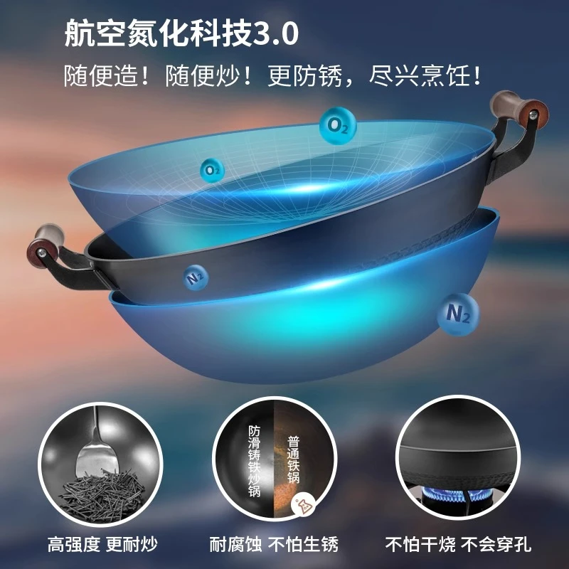 

Round bottom iron wok, binaural old-fashioned large pan, household cast iron non-stick wok