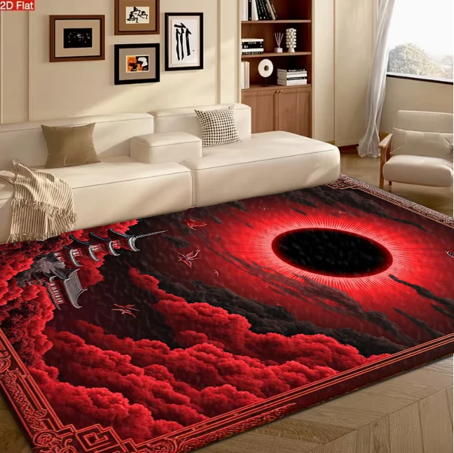 Oriental Red Eclipse Cloud Pagoda Art Carpet Flooring Unique Home Interior Decoration