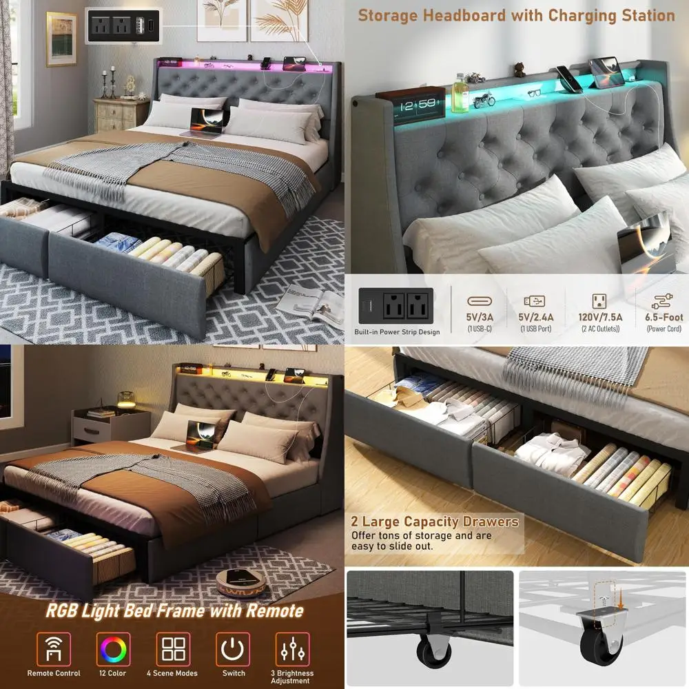 

Metal Queen Bed Frame with Storage, LED Light, and Charging Station