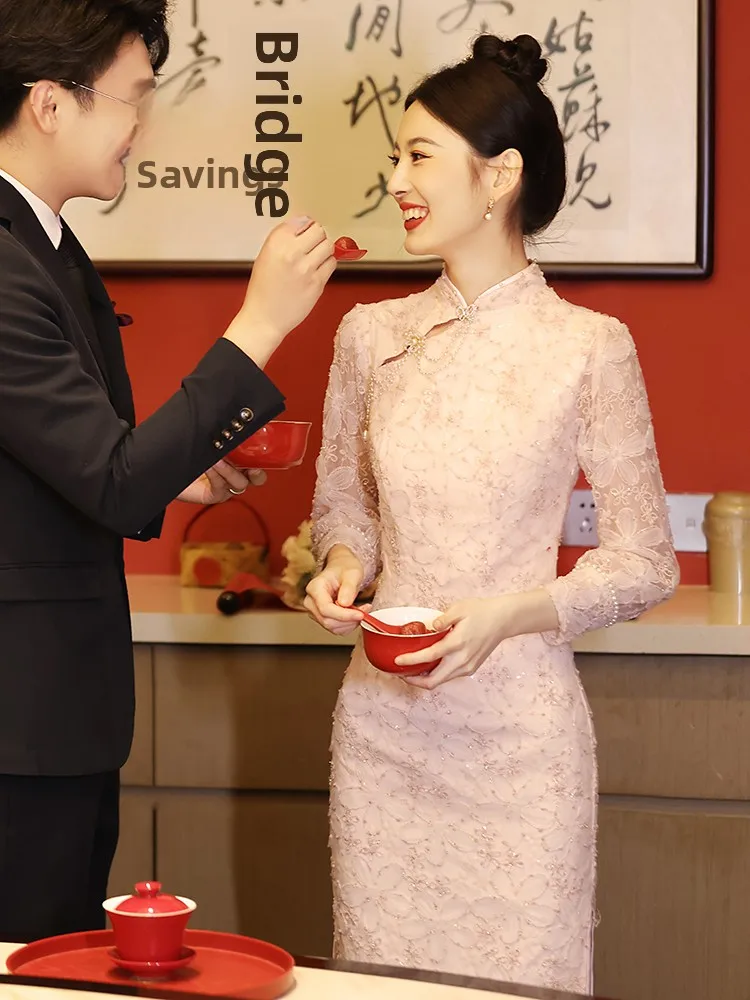 

Pink Wedding Dr Long Sve Cusizable Size Formal Chinese Sle Evening Gown Suitable for Engagement Parties