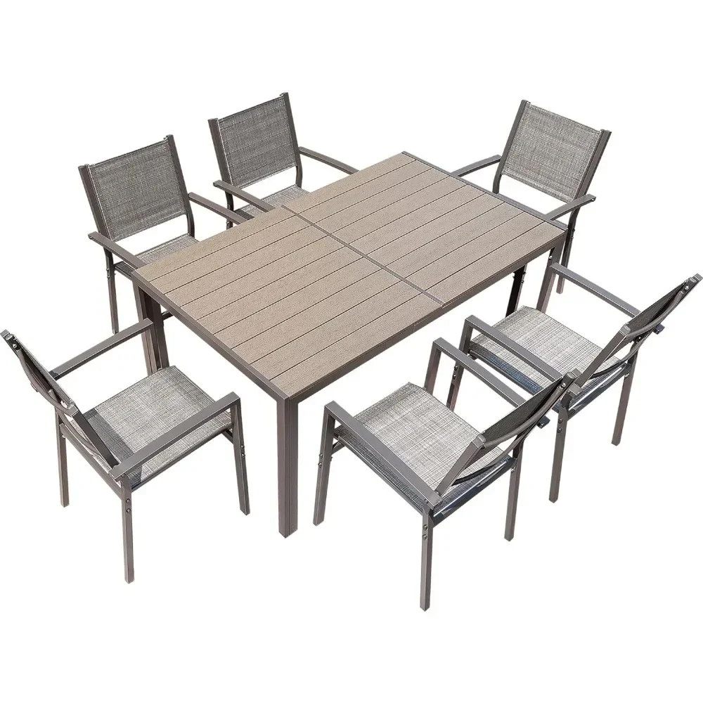 Terraço Jantar Outdoor Furniture Set, mesa intempéries, 6 empilhável para jardim, 7 pcs