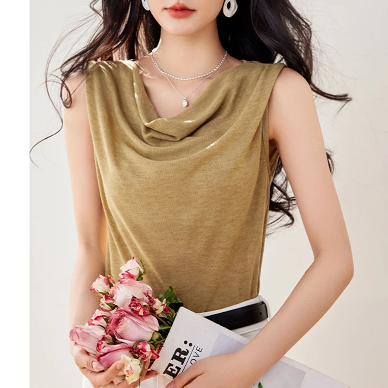 Simple Style Casual Stacked Collar Vest Womens Tops 2025summer Fashion Basic Sleeveless Straight T-shirt Loose Shirts Versatile