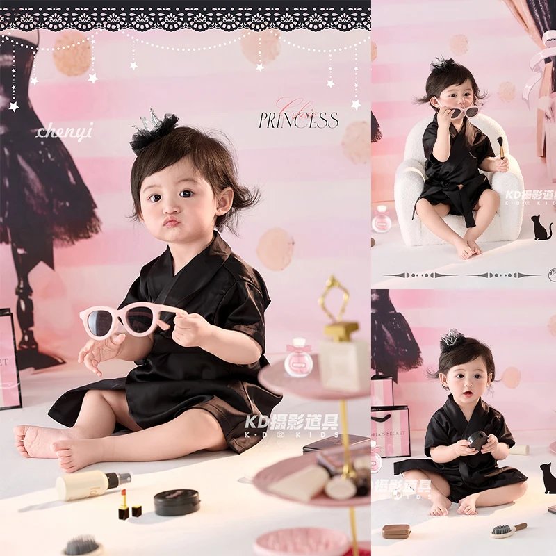 

1 Year Old Newborn Photography Props Beauty Bloggers Theme Baby Black Satin Robe with Headpiece, Cute Infant Photoshoot Costume