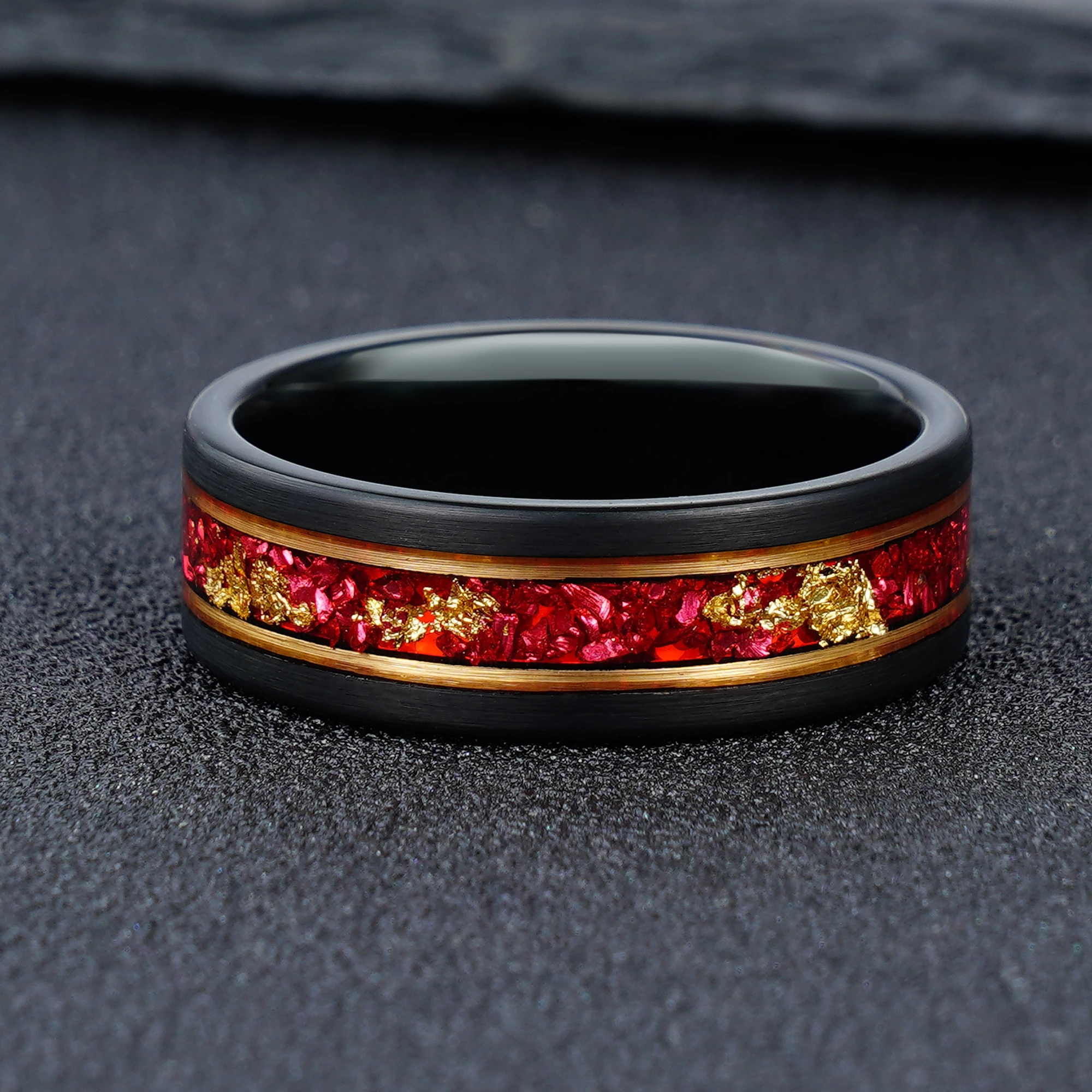 POYA 8mm Black and Rose Gold  Tungsten Ring Inlay Red Gravel Gold Leaf Inlay