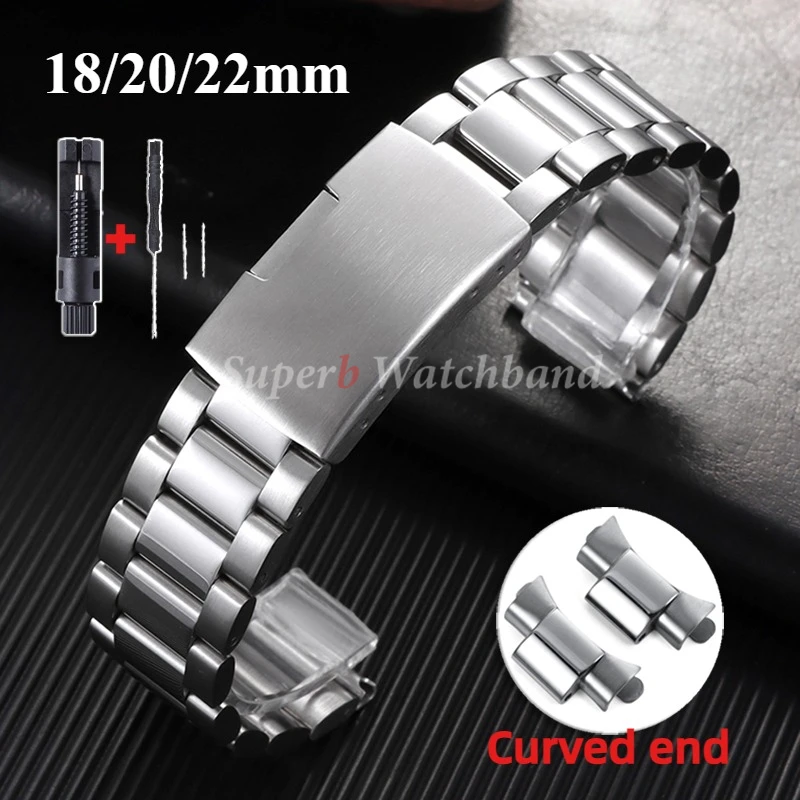 Massives Edelstahl-Uhrenarmband, 18/20/22 mm, universelles Ersatzarmband für Seiko Damen Herren, gebogenes Ende, Armband-Zubehör