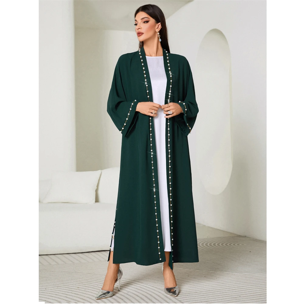 Eid Mubarak Djellaba Femme Longue Musulmane Open Abaya Dubai Turkey Kaftan Muslim Women Beaded Maxi Dress Kimono Jalabiya Robe