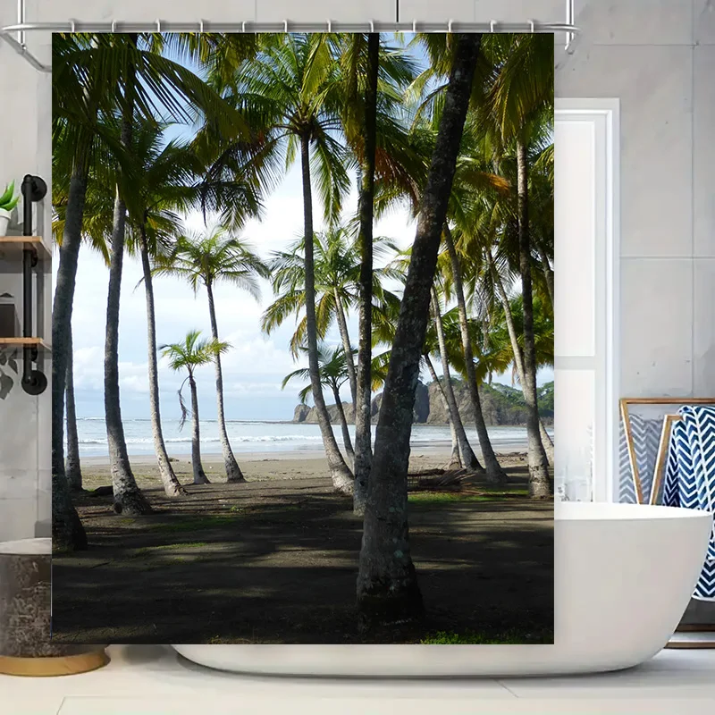 

Пляжные возвраты с тропическими пальмами, занавеска для душа, обновленный декор для ванной комнаты сегодня