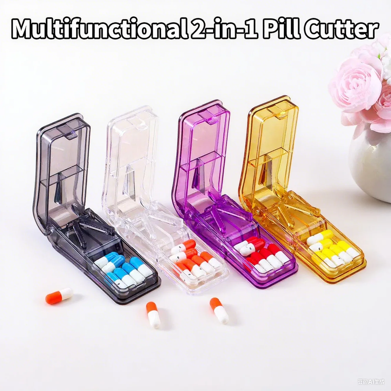 1 piece 2-in-1 multifunctional medicine cutter that can store and cut medicines. Small and convenient, suitable for household us
