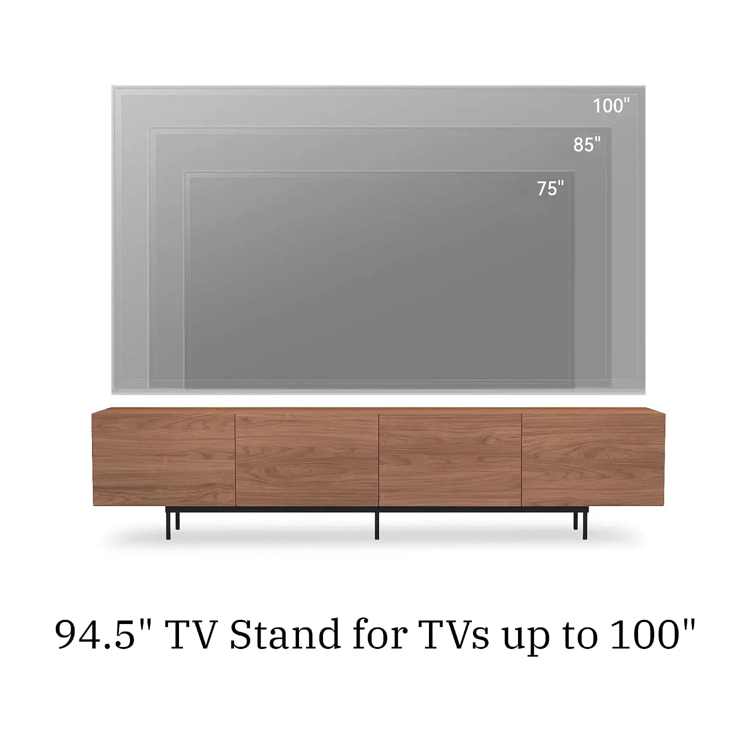 Walnut TV Stand Media Console 4 Doors Storage Cable Management Metal Legs Living Room Entertainment Center 94.5