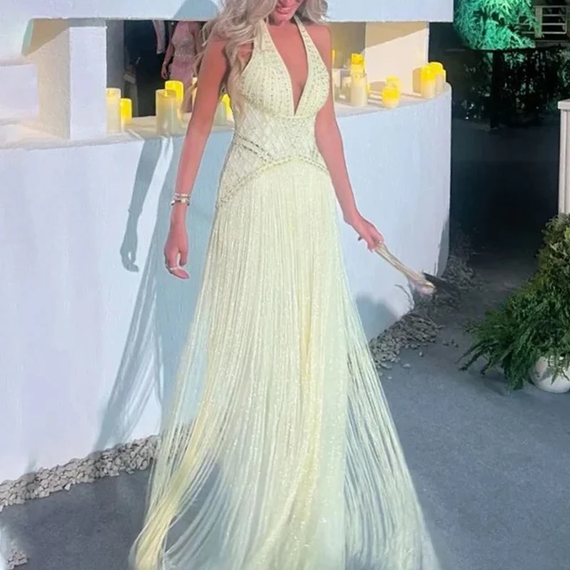 

Сексуальное вечернее платье с глубоким V-образным вырезом, завышенной талией, пайетками и бахромой, облегающее, длинное, с открытой спиной и вырезами, для вечеринок