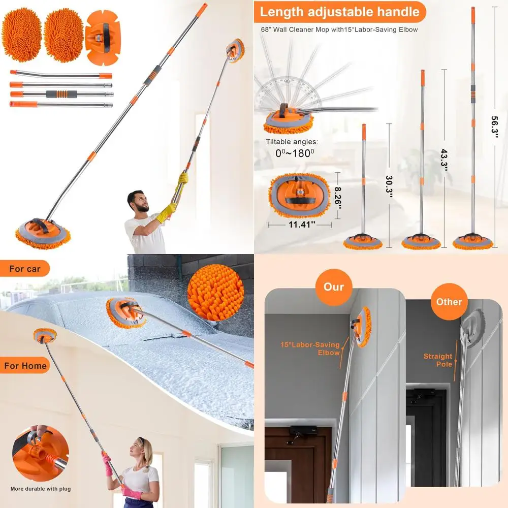 

56 Telescoping Mop with 15° Elbow for Multi-Surface Cleaning: Painted Walls, Floors, Baseboards, Windows + 2 Microfiber Pads
