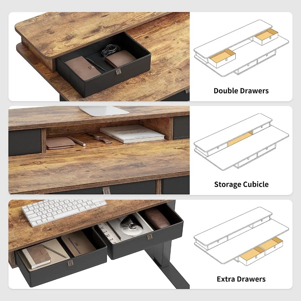 Mesa elétrica com prateleira de armazenamento, Sit Stand, altura ajustável, 4 gavetas, rústico Brown Top, 48x24