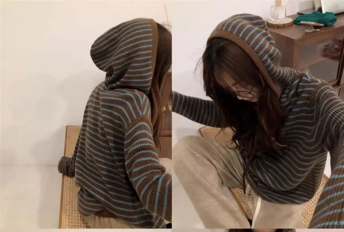 2023 New Tops Wide Casual Korean Hooded Striped Fashion Sweater Outer Wear Women Autumn and Winter