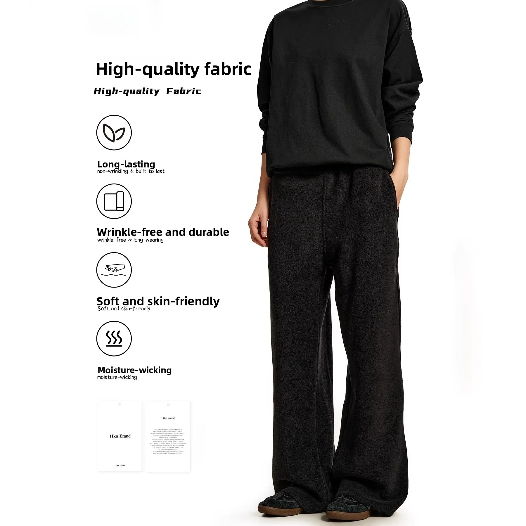 

American Retro Handmade Double-Faced Wool Straight Leg Warm Slimming Floor-Length Casual Pants for Men And Women in Bla