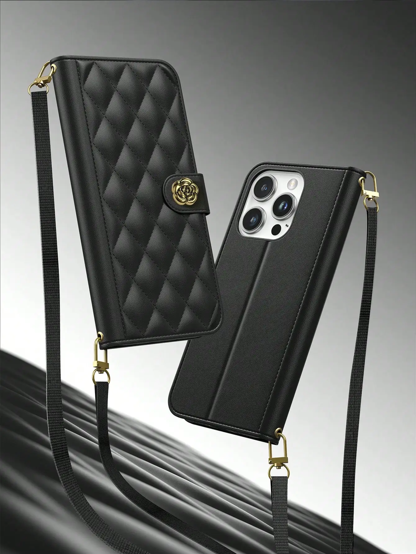 

Чехол-кошелек стеганый с золотой цветочной застежкой и съемным ремешком для iPhone 16/17 Pro Max