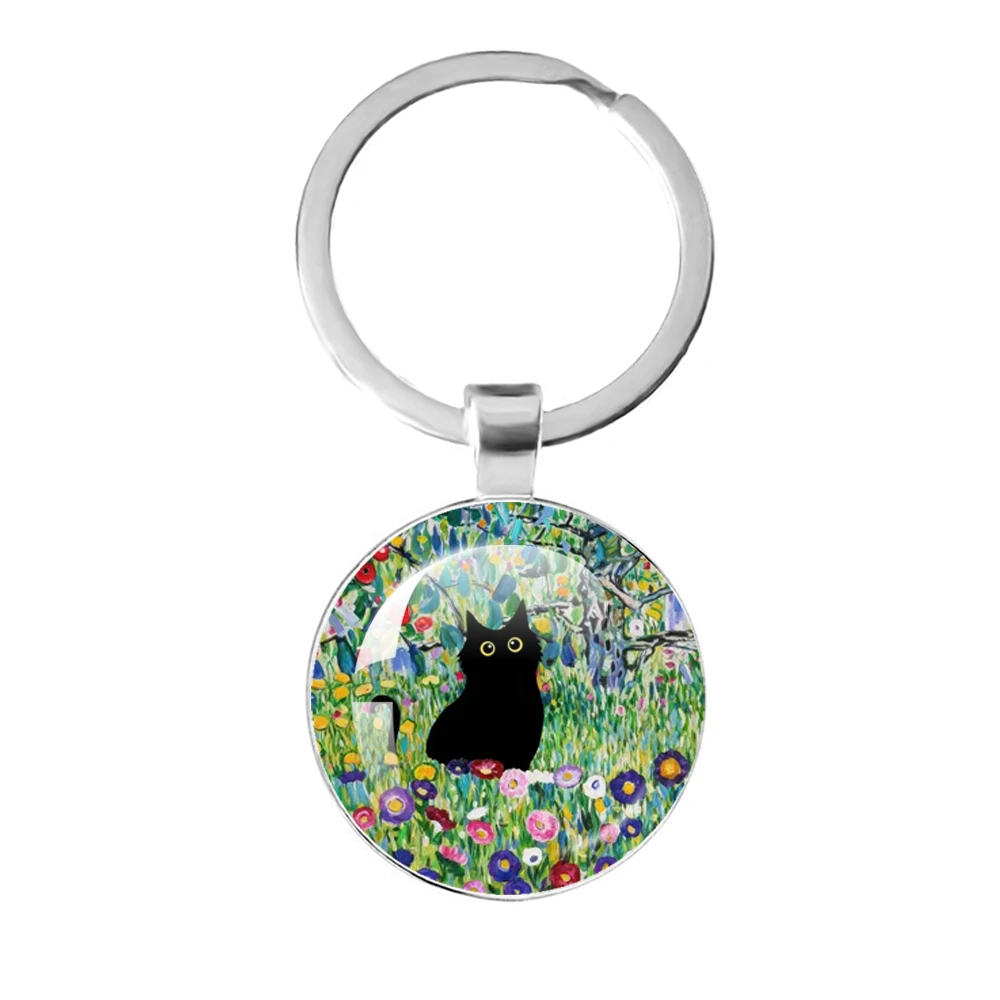 فان جوخ القط الفن النفط المفاتيح الرجال النساء الموضة الزجاج محدب كيرينغ النجوم ليلة مجوهرات عباد الشمس قلادة الموضة هدية