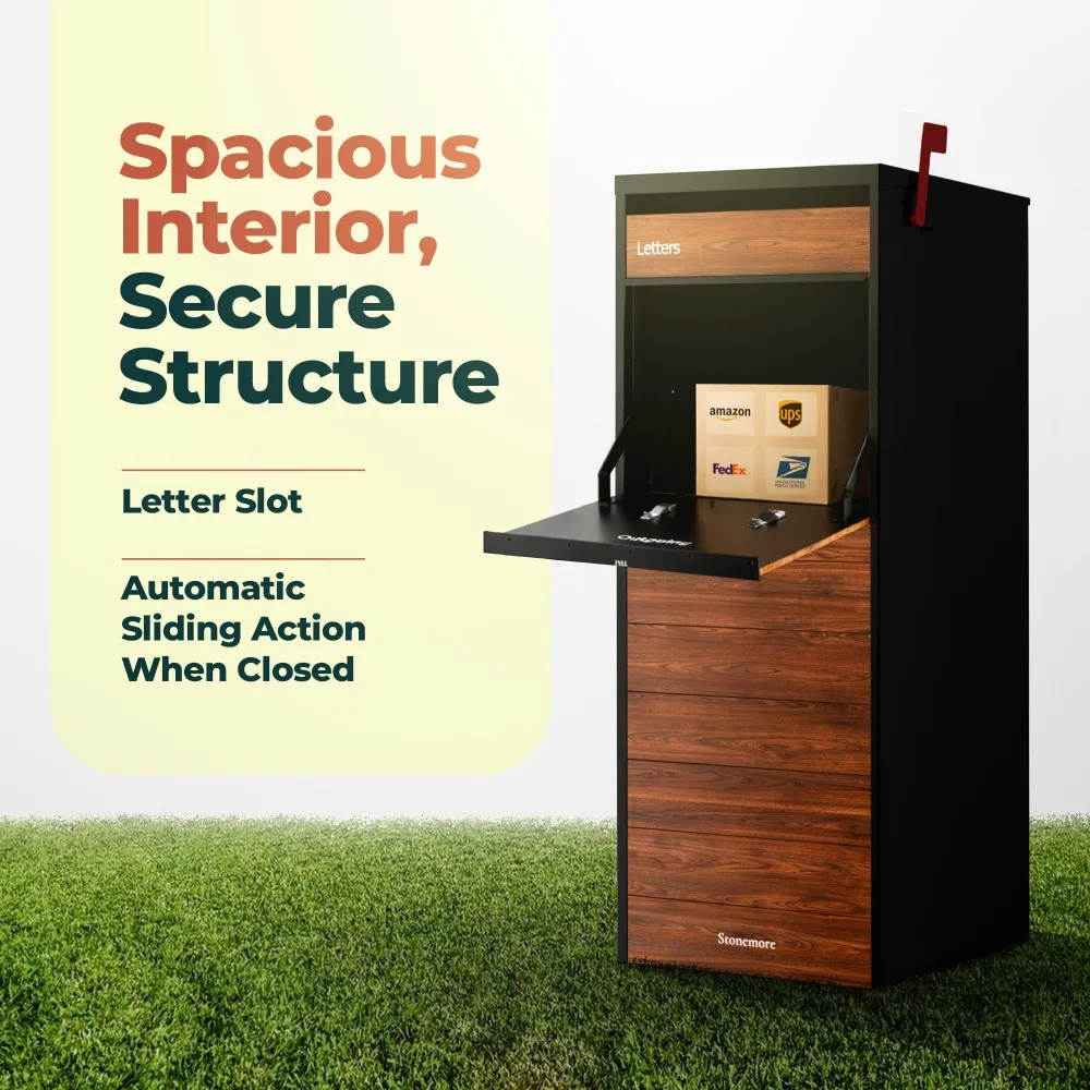 Cali USPS Compatible Mailbox, Classic Black/Oak Package Mailbox, Anti-Theft Locking Parcel Drop Box for Porch Or