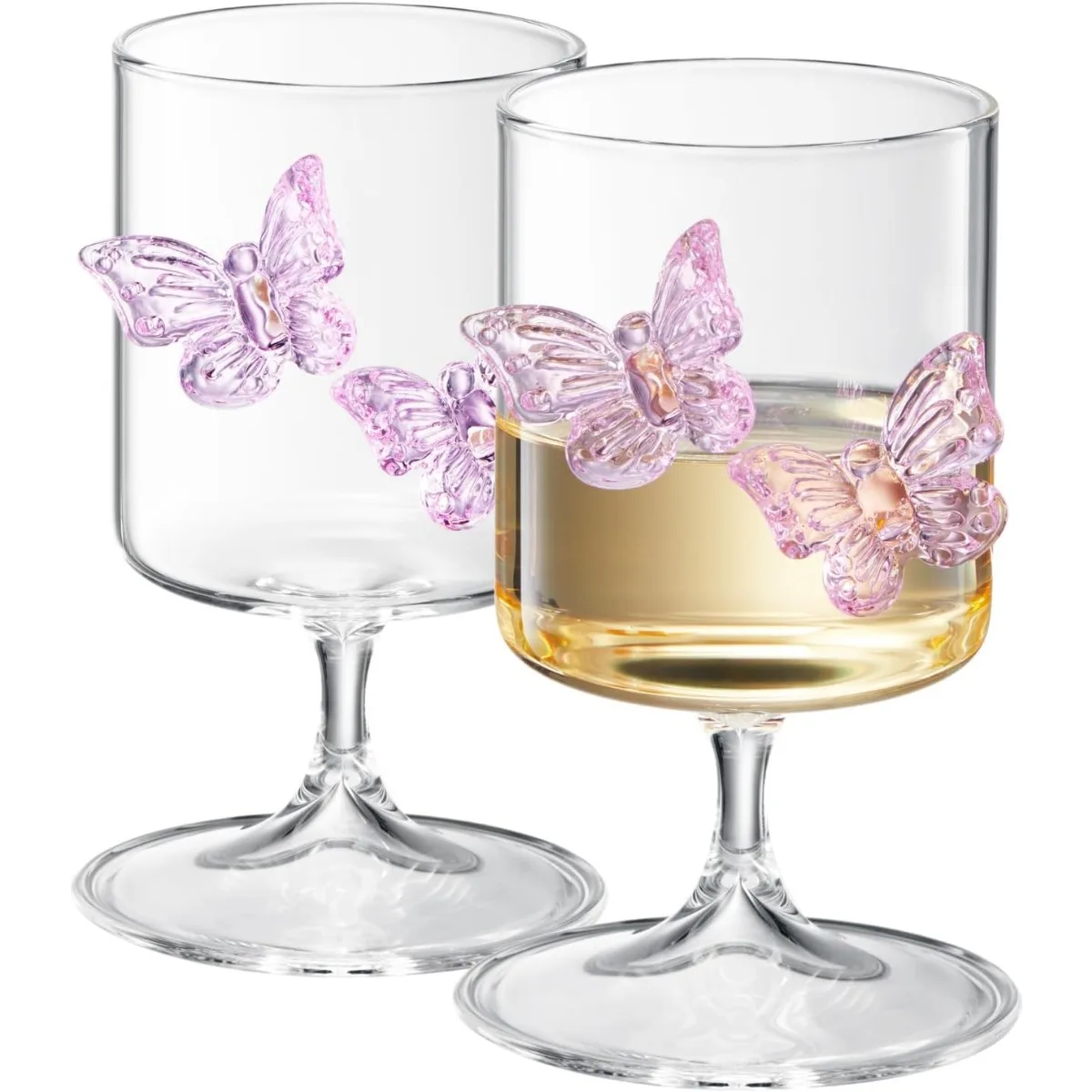 Butterfly Wine & Water Glasses 8.45 Oz Clear Stemmed Glasses 3D Pink Butterflies Accents for Cocktails Champagne and Juice Etc.