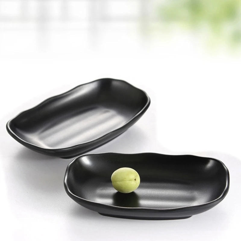Rectangular Melamine Dinner Plate Black Matte Stripe Anti-drop Plastic Soup Tray For Sushi Korean Food