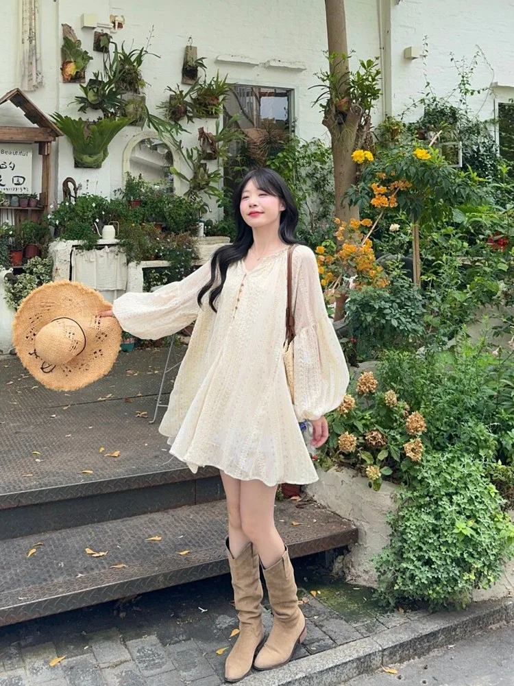 

Spring 2026 New Embroidered Wooden Ear Collar Splice V-neck Long Sleeve Dress Tank Top Two-piece Set Women Fashion Casual Wear