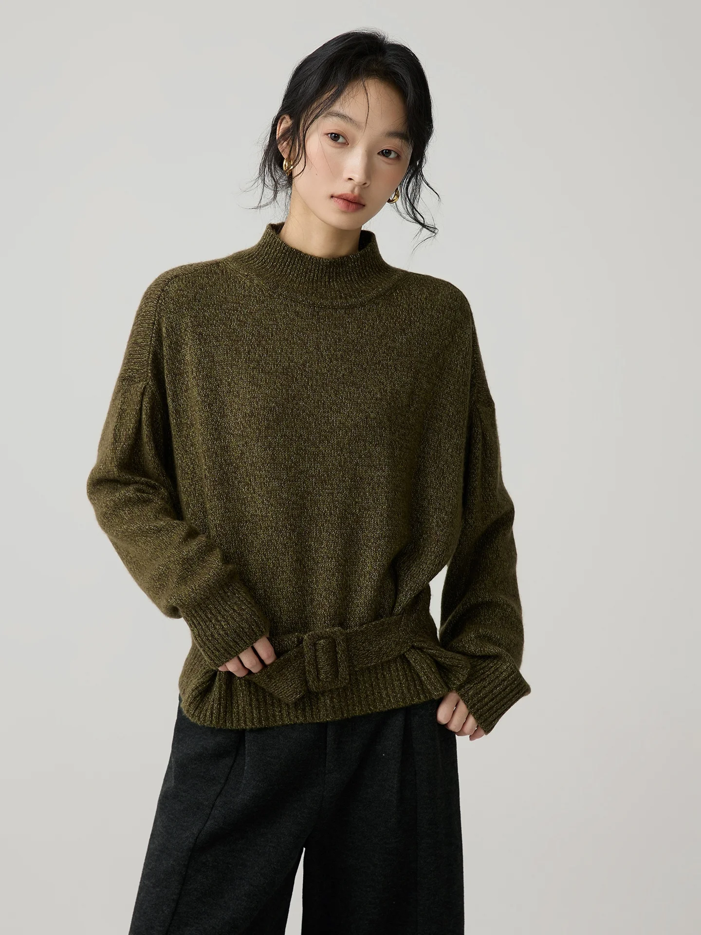 

Autumn Winter Women's Camere Sweater Loose Fit Belted Waist High Ne Knitted Woolen Top Warm Cozy Long Sve Color