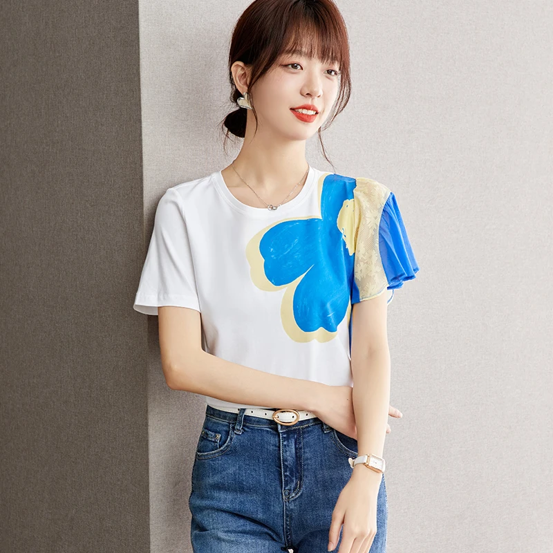 Spliced Print Short Sleeve T-shirt Women Clothing 2024 Summer New Slim Fit Casual O-neck Tops Tees Shirts Female D2920