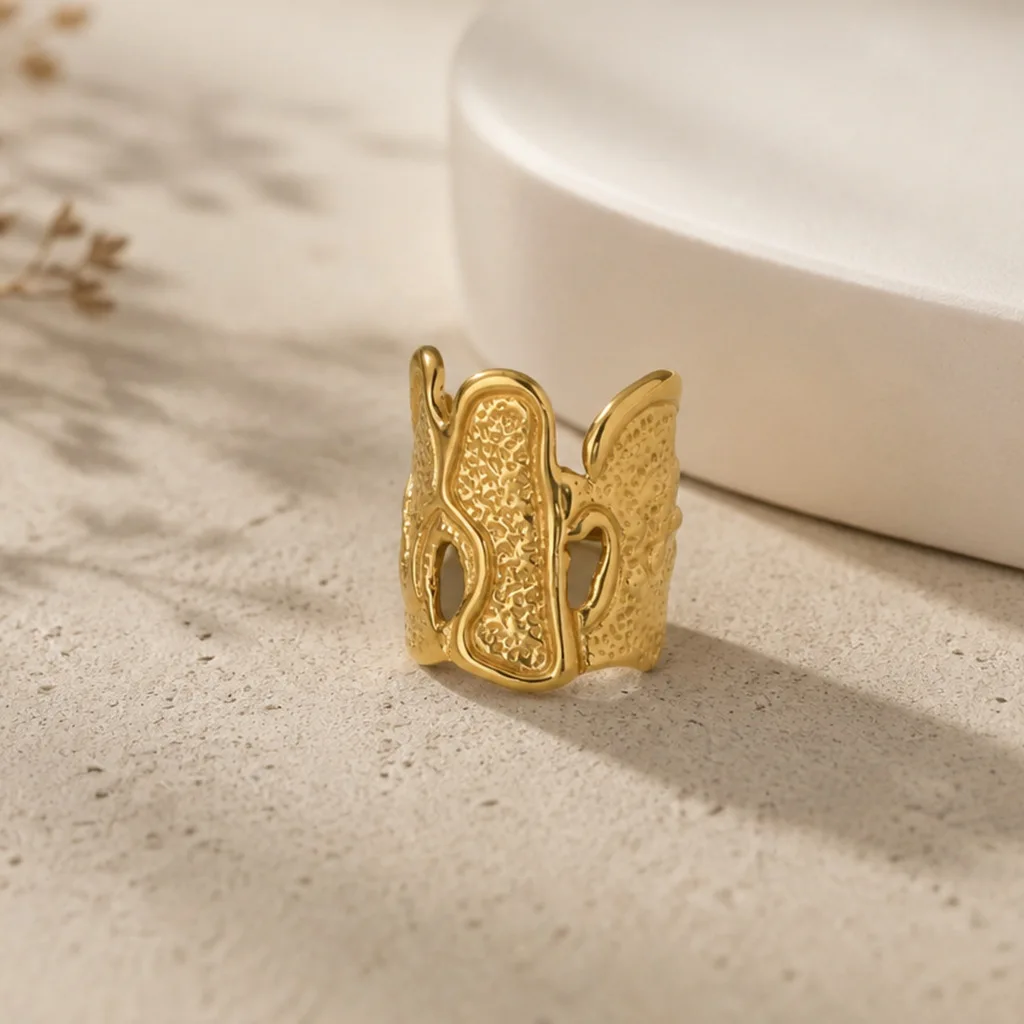 Stainless Steel Ring for Women 18K Gold Plated Textured Wide Hollow Adjustable Waterproof Abstract Statement Jewelry Gift