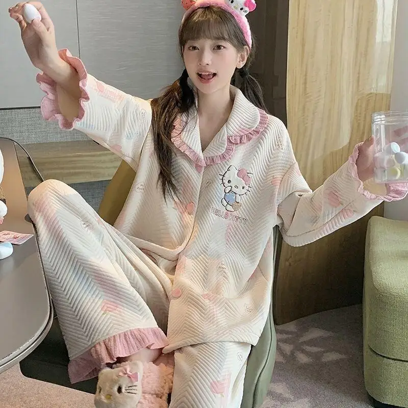 

Женский пижамный комплект Sanrio Hello Kitty с длинными рукавами из утолщенного воздушного хлопка, весна-осень, новая коллекция, милый, в стиле каваи, для дома и сна