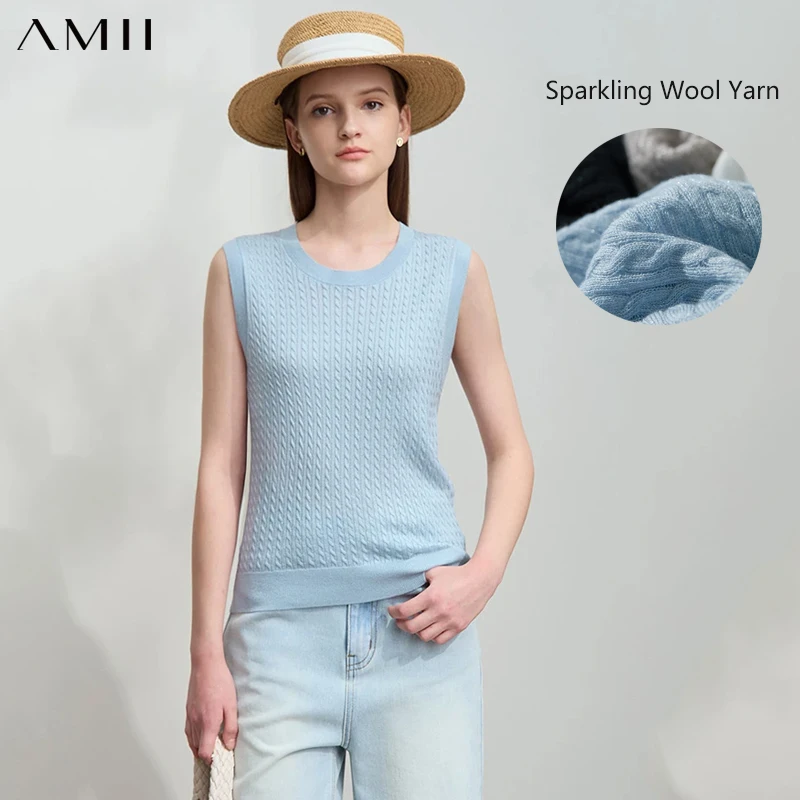 

AMII Minimalist Sleeveless Womens Knitted Sweater 2025 Autumn New Crew Neck Casual Pullover Solid Glitter Silk Tops 12542013